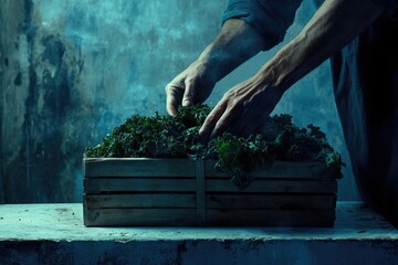 A man's hands carefully arrange a crate full of fresh, dark green kale.