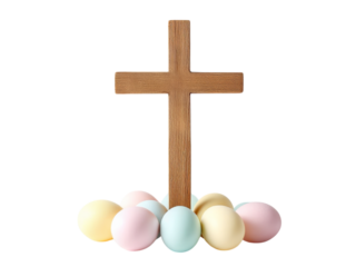 A simple wooden cross stands against a transparent background, with pastel-colored Easter eggs clustered at its base