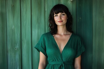 Fototapeta premium A woman with dark hair and freckles wearing a green dress stands against a dark green wooden background.