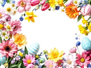 A beautiful, colorful arrangement of spring flowers forms a decorative border, perfect for Easter-themed designs