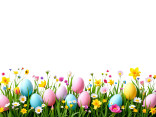 A vibrant, springtime scene of colorful Easter eggs nestled amongst a variety of flowers in a grassy meadow
