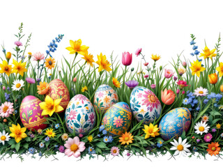 Fototapeta premium Vibrant Easter eggs of various colors and intricate designs are nestled amongst a blossoming array of spring flowers in a grassy border