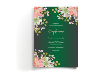WEDDING INVITATION FRAME WITH FLOWER DECORATIONS AND FRESH LEAVES