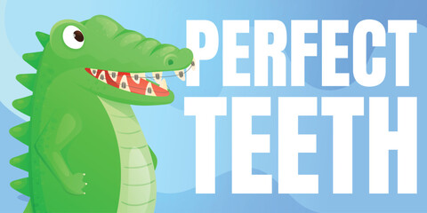 Funny vector cartoon crocodile with braces smiling confidently. Cute banner illustration promoting dental care, orthodontics, and healthy teeth. Children education, clinics, and health campaigns.