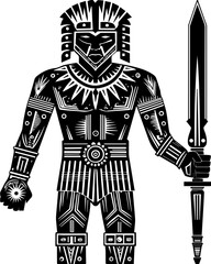 Mythological warriors and gods depicted in a detailed svg vector illustration. Abstract Warrior Figure with Sword in Black and White Design