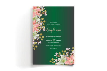 WEDDING INVITATION FRAME WITH FLOWER DECORATIONS AND FRESH LEAVES