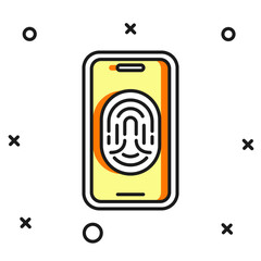Filled outline Smartphone with fingerprint scanner icon isolated on white background. Concept of security, personal access via finger on mobile. Flat filled outline style with shadow. Vector
