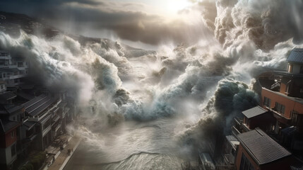 Fototapeta premium Giant tsunami waves engulfing coastal town as sunlight breaks through stormy clouds