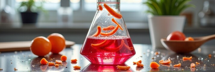 Colorful lab experiment with red liquid and vegetables in glass flask