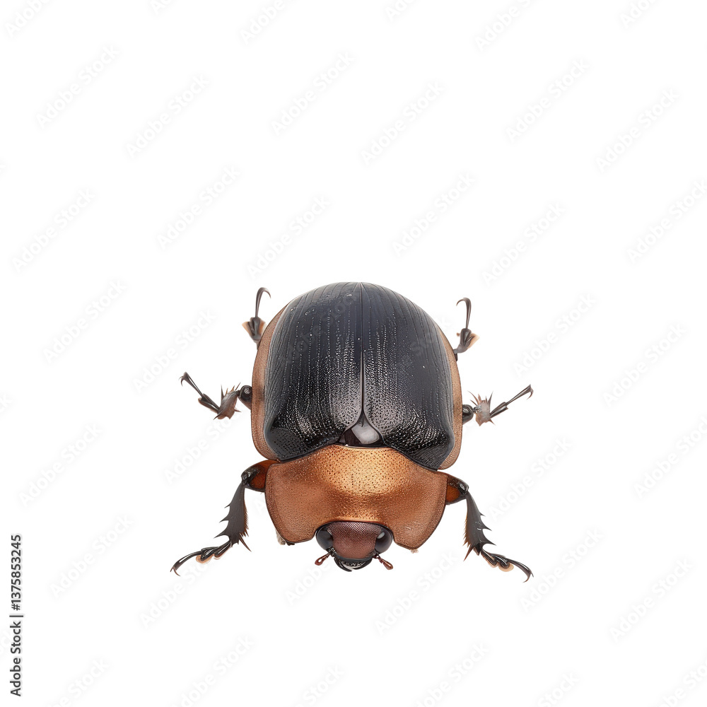 Poster close-up view of glossy beetle with metallic sheen on white background in studio setting
