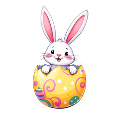A cheerful cartoon Easter bunny is nestled inside a cracked, vibrantly decorated egg
