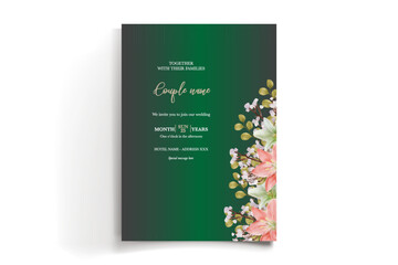 WEDDING INVITATION FRAME WITH FLOWER DECORATIONS AND FRESH LEAVES