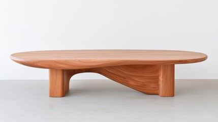 Fototapeta premium A sleek, modern wooden coffee table with an organic shape, featuring smooth curves and a minimalist design, set against a light background.
