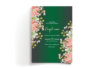 WEDDING INVITATION FRAME WITH FLOWER DECORATIONS AND FRESH LEAVES