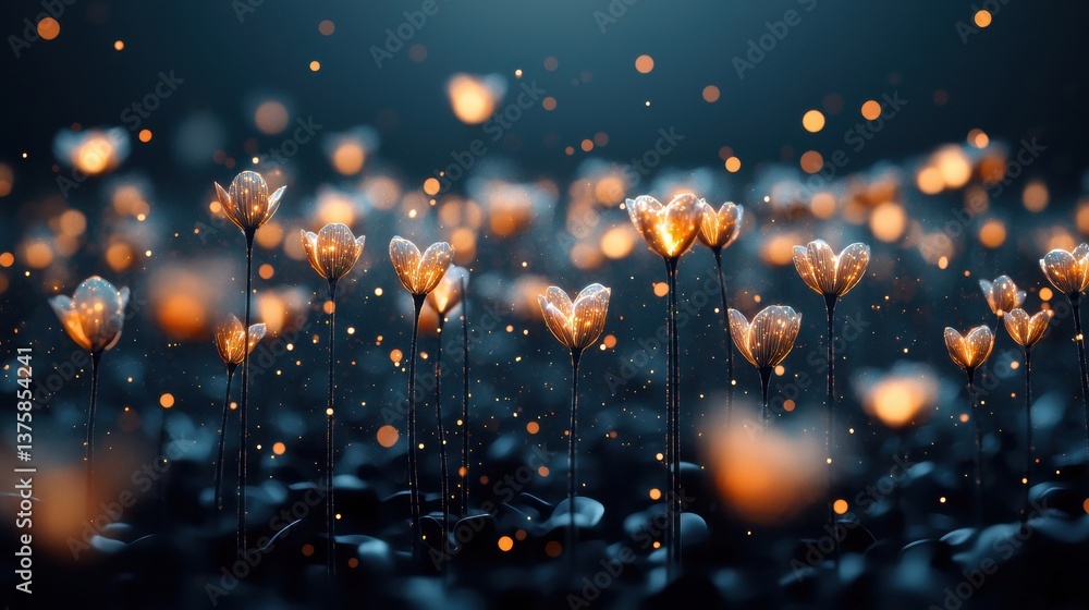 Poster ethereal flowers emit a warm glow, creating a magical, enchanting scene filled with shimmering bokeh