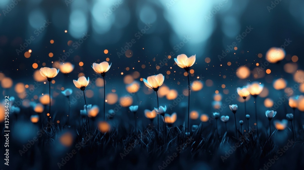 Poster a serene field of glowing flowers surrounded by soft bokeh lights, creating a tranquil and enchantin