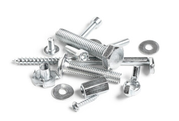 Different tap bolts, screws and chrome nuts isolated on white background