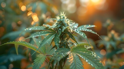 Closeup of a cannabis plant with water droplets on the leaves glistening in the sunlight