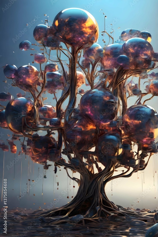 Poster surreal tree with spherical, iridescent blooms