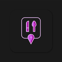Filled outline Cafe and restaurant location icon isolated on black background. Knife and spoon eatery sign inside pinpoint. Flat filled outline style with shadow. Vector.