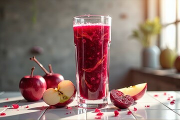 Refreshing red apple and beet juice in a sunlit kitchen setting