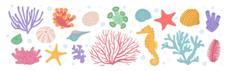 Set of various sea shells, starfishes and corals. Cartoon ocean aquarium plants. Underwater reef flora vector crayon illustration. Pastel chalk doodle © Vetriya