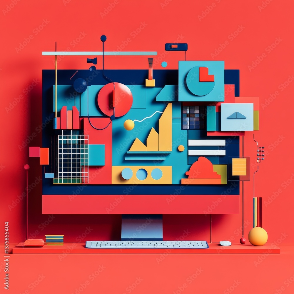 Poster Abstract Computer Monitor with Data Visualization in a Modern, Minimalist, and Geometric Style on a Red Background.