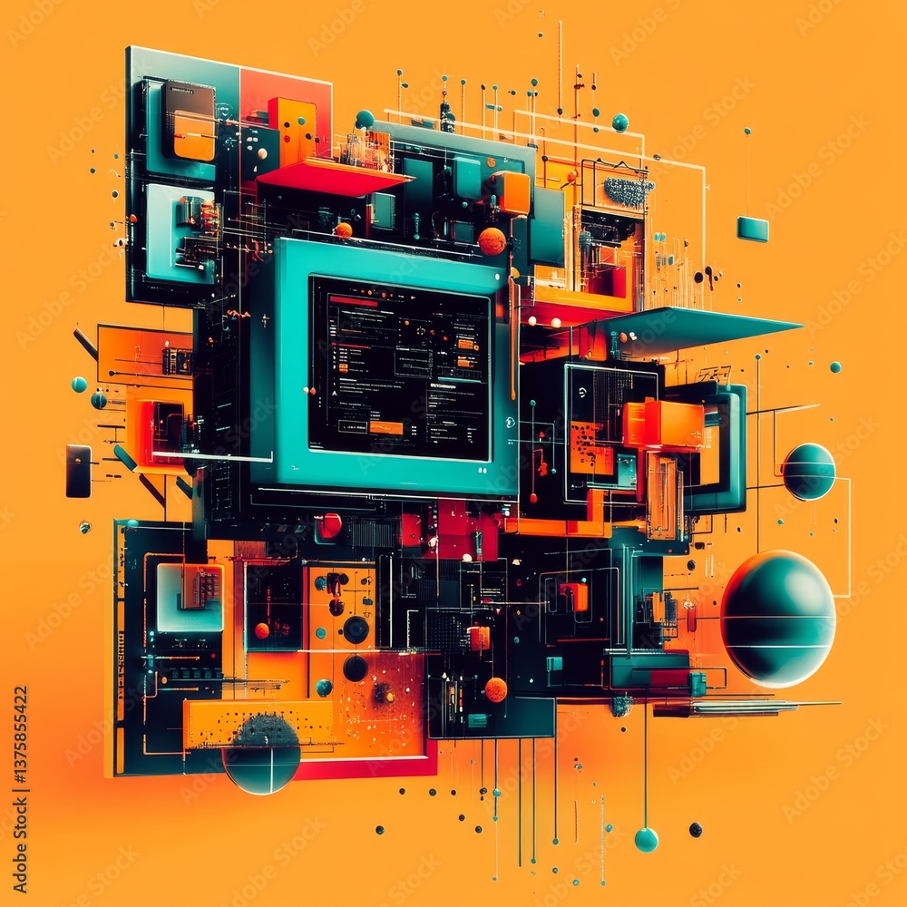 Aufkleber abstract data visualization with geometric forms on vibrant orange background, a modern composition