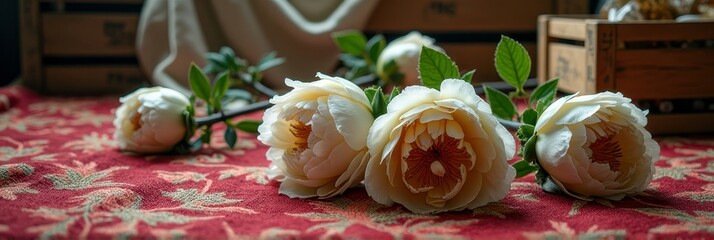 Cream peonies on red patterned fabric with wooden crates and natural light