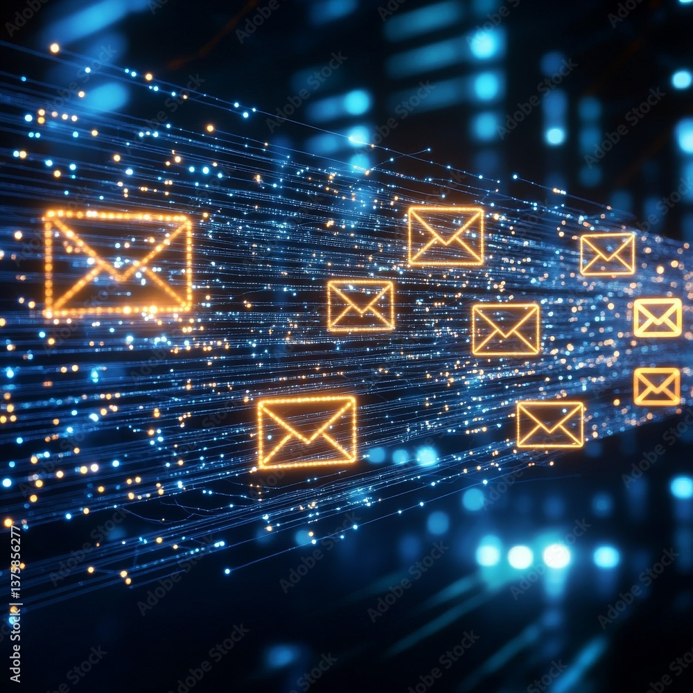 Aufkleber Cyber Communication: Digital Envelopes Traversing a High-Tech Network of Connected Data Streams