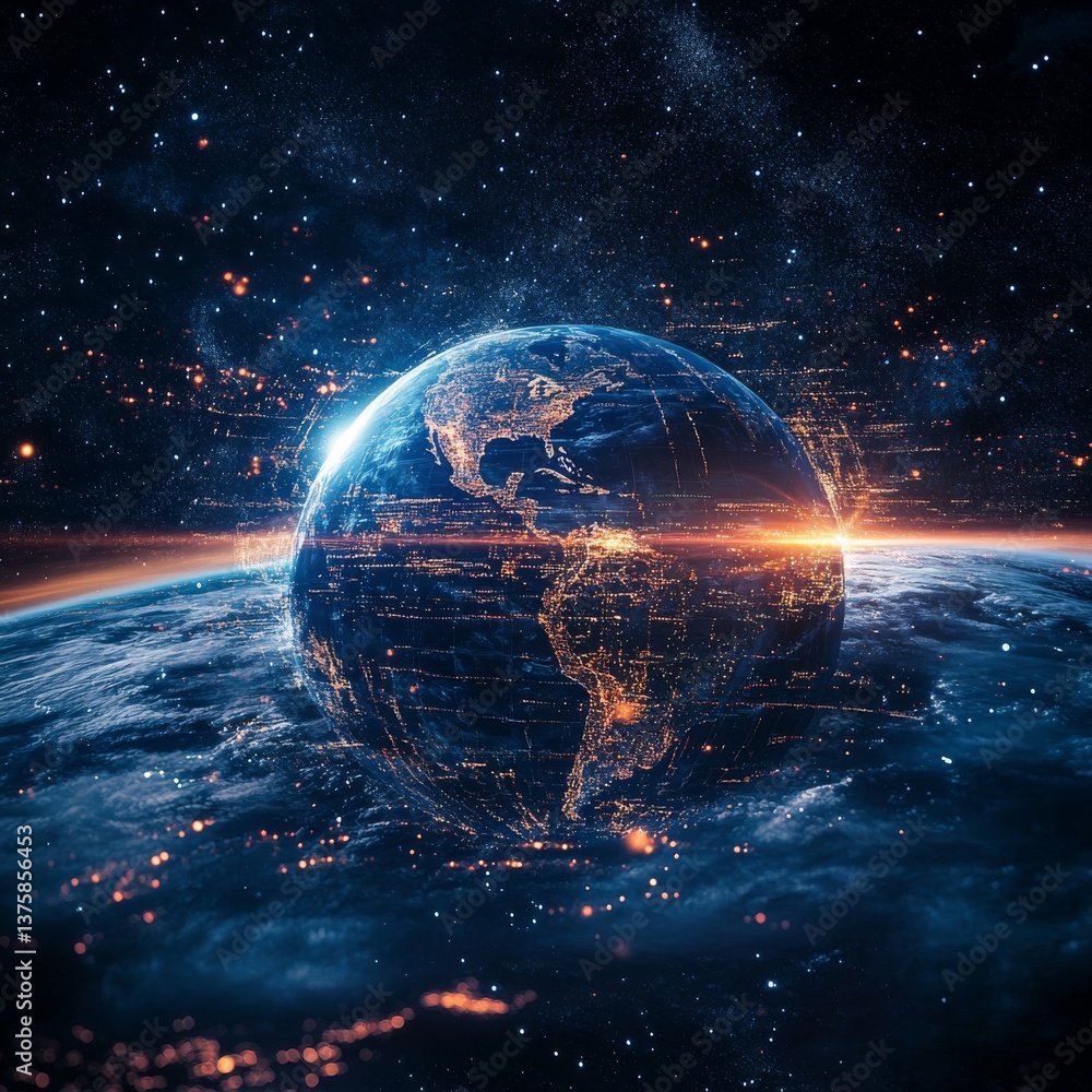 Poster earth at night in space: a glowing planet surrounded by stars and data streams illuminating the cont