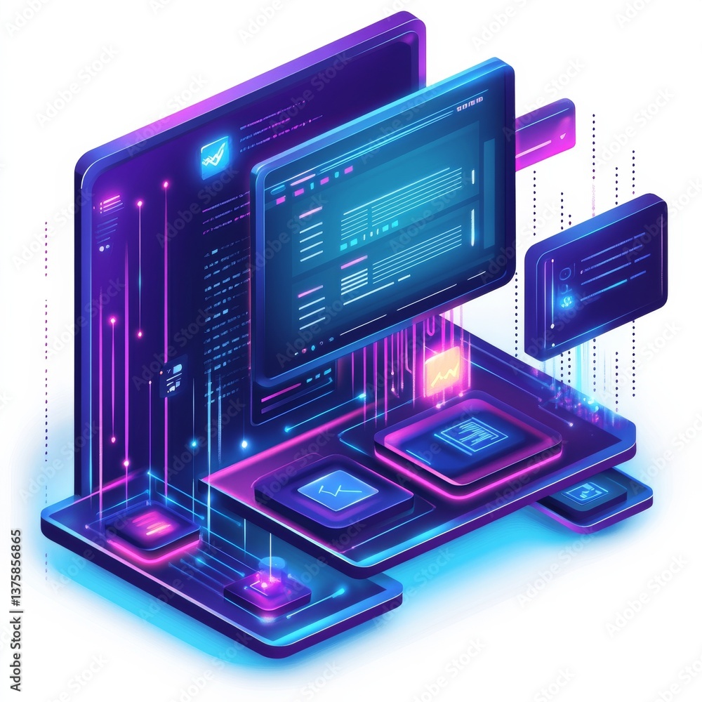 Poster Futuristic Data Visualization: Isometric View of Digital Interface with Glowing Elements and Code