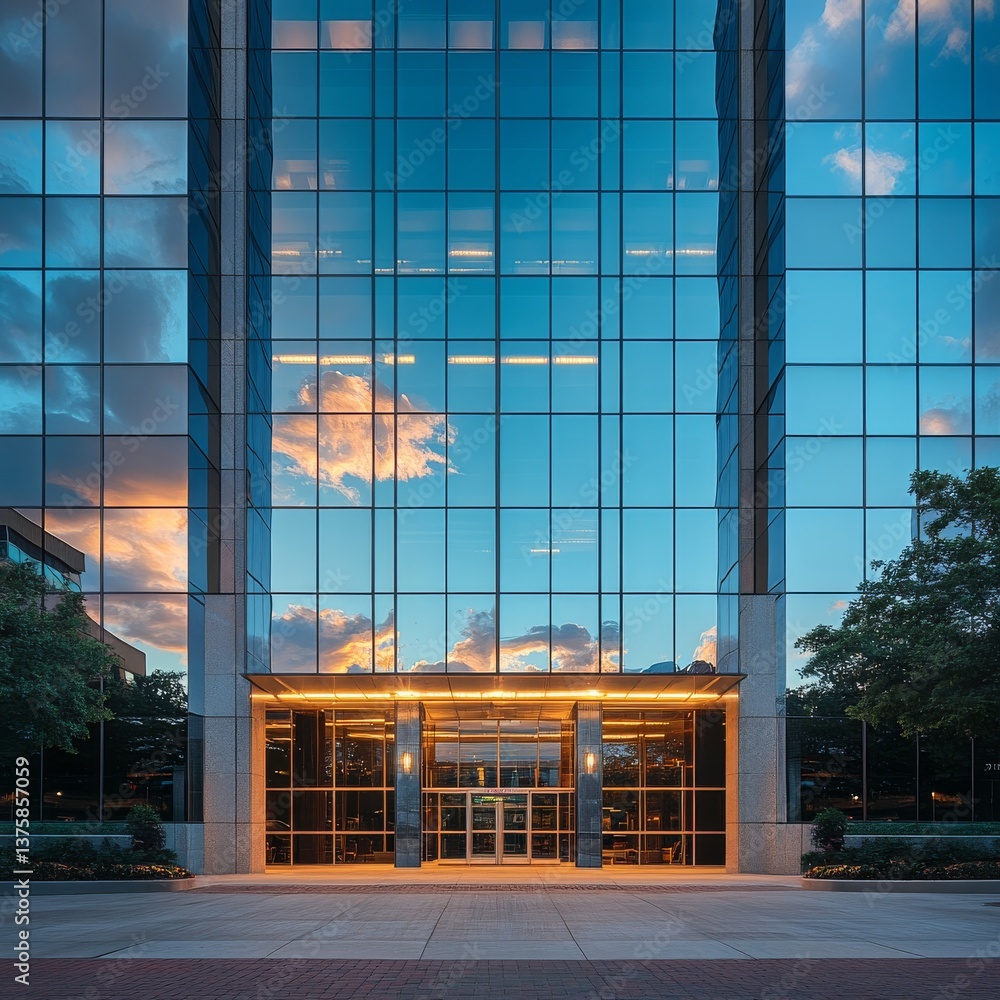 Aufkleber glass facade reflection: modern architecture with sky and cloud reflections at dusk