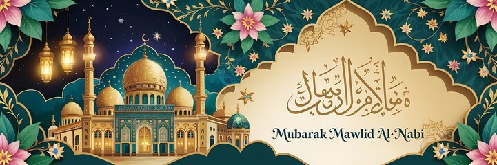 Luxurious Mawlid al-Nabi Celebration Design Featuring Grand Golden Mosque Arabic Calligraphy Islamic Lanterns Ornamental Floral Patterns. Starry Night Background for Religious Events Festive Greetings