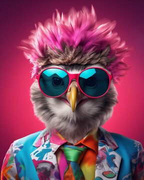 A funny illustration of an eagle with pink hair, wearing colorful sunglasses and a vibrant-colored shirt. Animal magazine cover