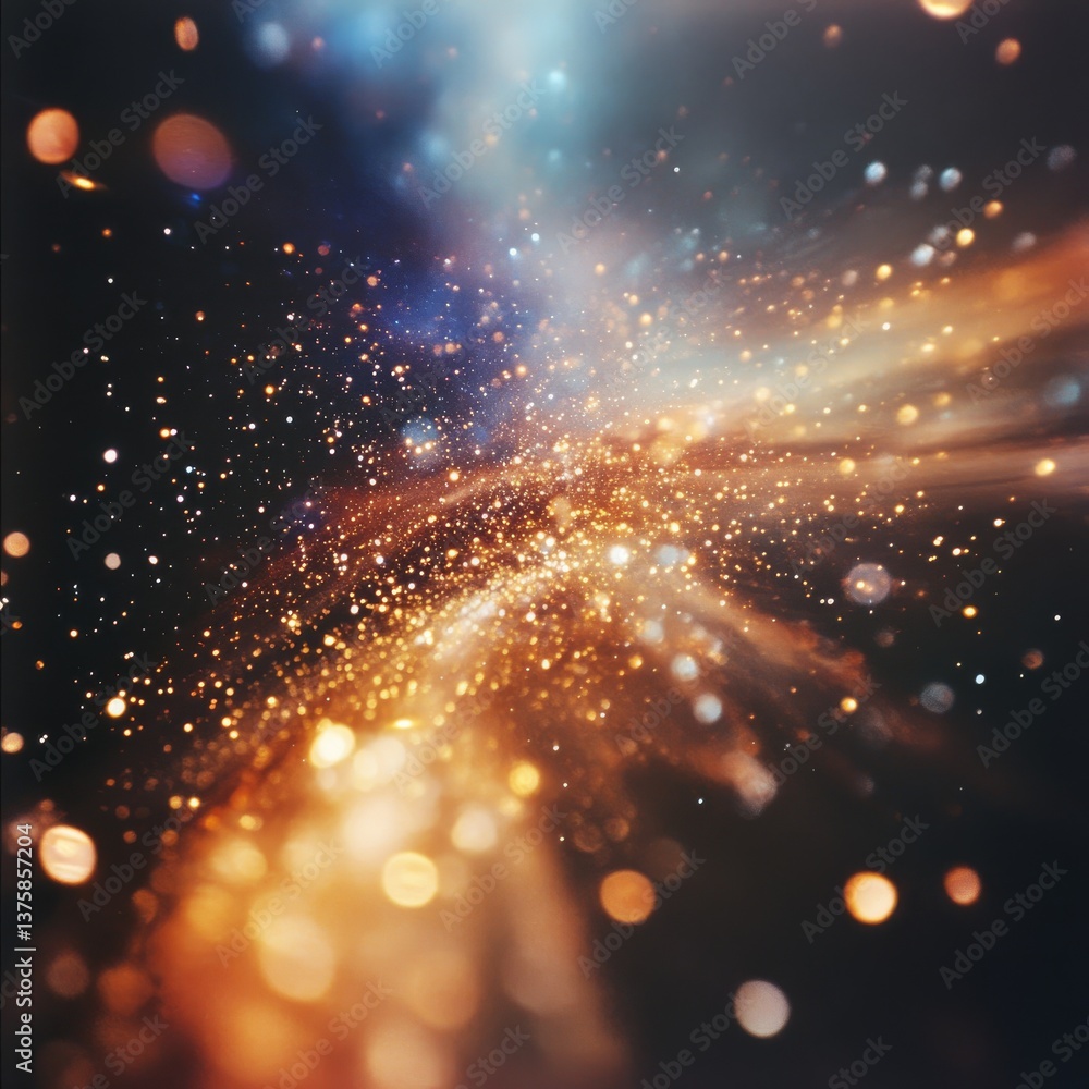 Poster golden light burst: an abstract explosion of sparkling particles in a cosmic night sky, creating a m
