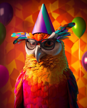 A colorful parrot wearing glasses and a party hat, celebrating a birthday against a vibrant background with colorful balloons. Funny birthday party invitation