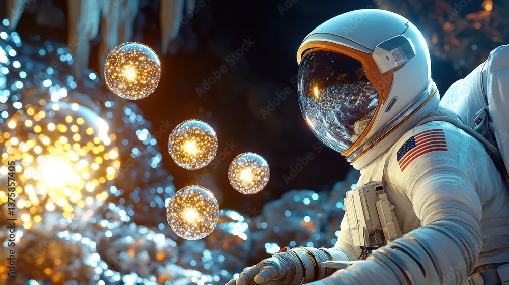Poster an astronaut in a futuristic setting interacts with glowing orbs amidst a shimmering cave, highlight