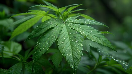 Fototapeta premium Close-Up of Fresh Green Cannabis Leaf with Water Drops, Nature s Beauty in Detail and Focus