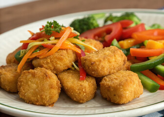 Fototapeta premium Tasty golden brown chicken nuggets on white plate, garnished with carrots and broccoli. 