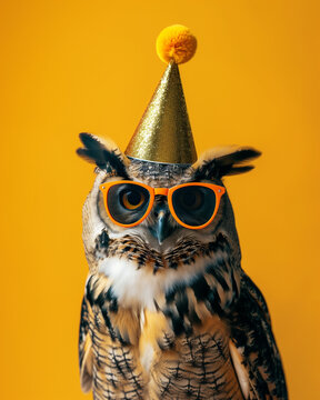 An owl wearing sunglasses and a party hat, against a solid yellow background. Minimal birthday card
