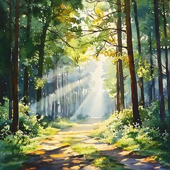 Sunlit Path Through a Lush Green Forest A Serene Watercolor Painting.