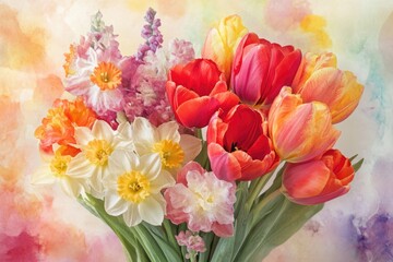 Obraz premium Vibrant bouquet of tulips and daffodils in watercolor style, showcasing spring's colorful blooms.