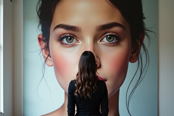 Woman gazing at large portrait of face in art gallery