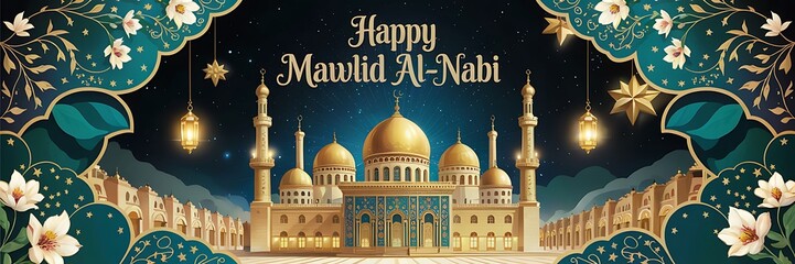 Luxurious Mawlid al-Nabi Celebration Design Featuring Grand Golden Mosque Arabic Calligraphy Islamic Lanterns Ornamental Floral Patterns. Starry Night Background for Religious Events Festive Greetings