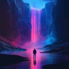 Obraz premium Neon Reverie: A Lone Figure Before an Ethereal Waterfall, Bathed in Cyberpunk Light