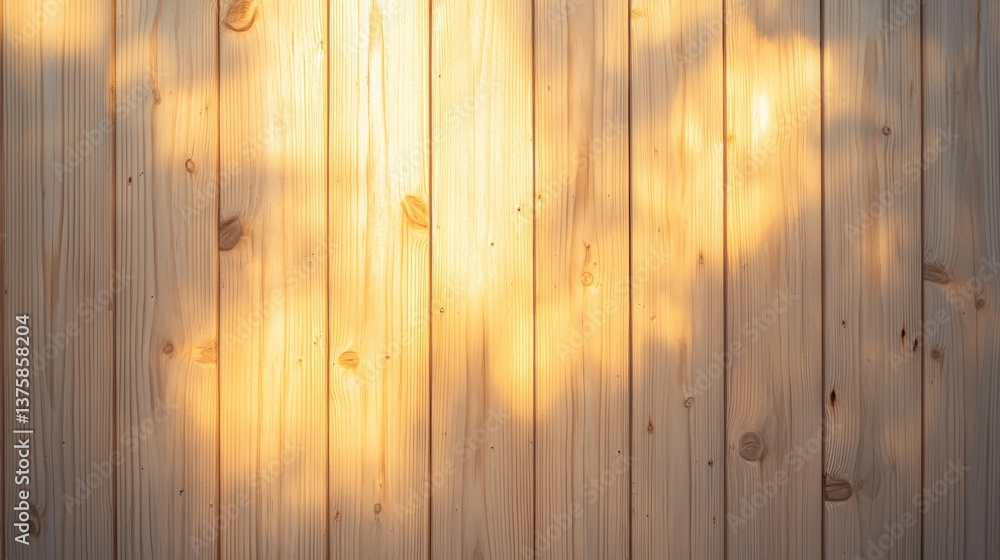 Poster a warm wooden wall with soft shadows, illuminated by sunlight, creating a calming and serene atmosph