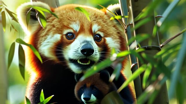 Red panda climbing a bamboo tree, vibrant greenery and curious expression, wild animals in their natural habitat