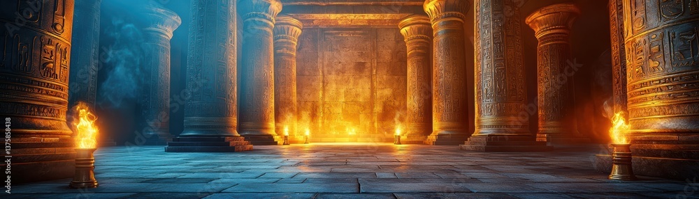 Poster a mystical interior with ornate columns, illuminated by flickering flames, creating an enchanting an