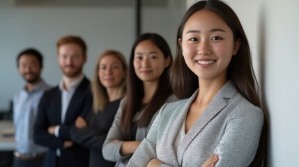 A group of diverse professionals stands together, showcasing teamwork and collaboration in a modern office setting.